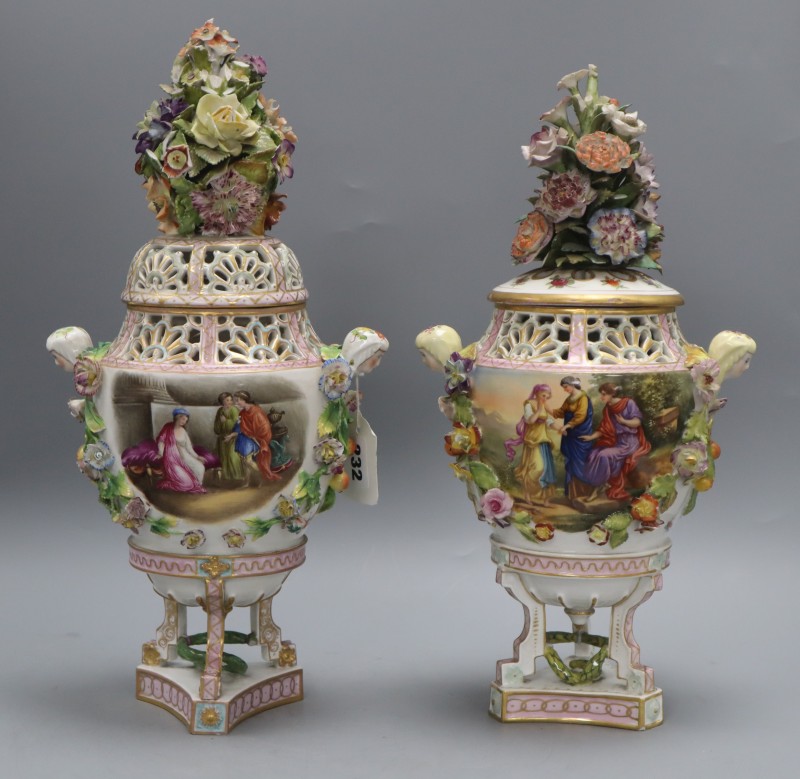 Two similar Potschappel, Dresden pot pourri urns and covers, c.1900-10, H. 38 and 41cm